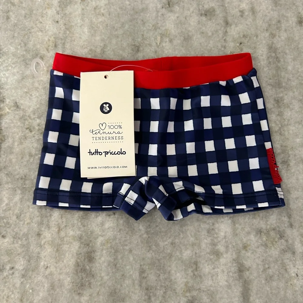 Kids Swim Trunks - Red and Blue Checkered